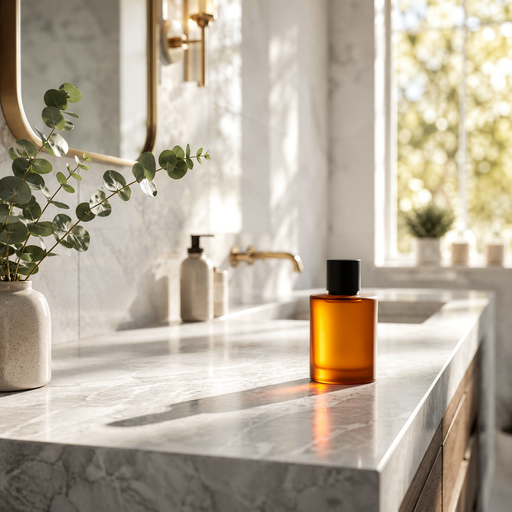 FLUX.2 image-to-image output merging the perfume bottle from one reference photo onto the marble bathroom countertop from a second reference photo, with matched lighting