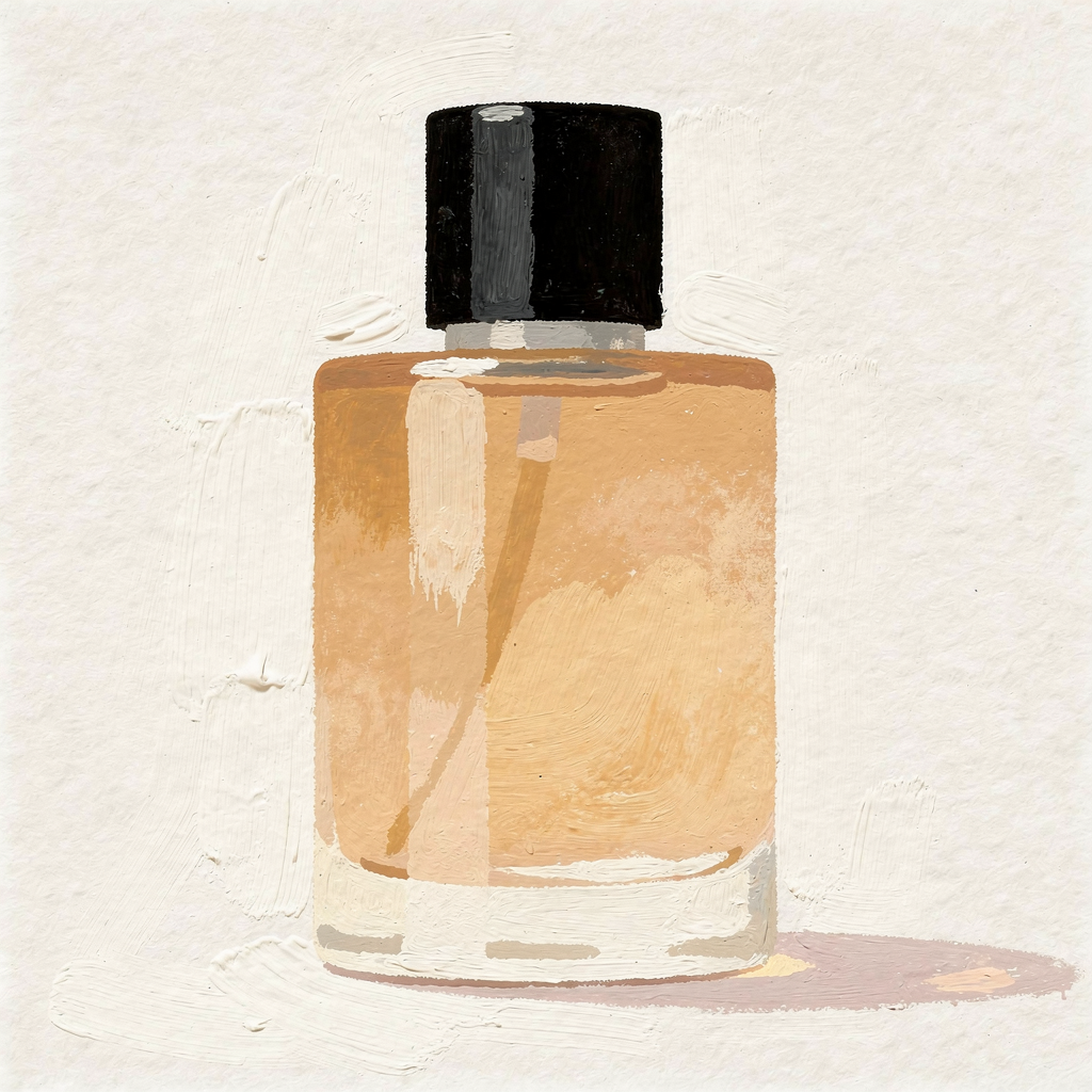 FLUX.2 image-to-image style-transfer output redrawing the same perfume bottle as a hand-painted gouache illustration with the original silhouette and composition preserved