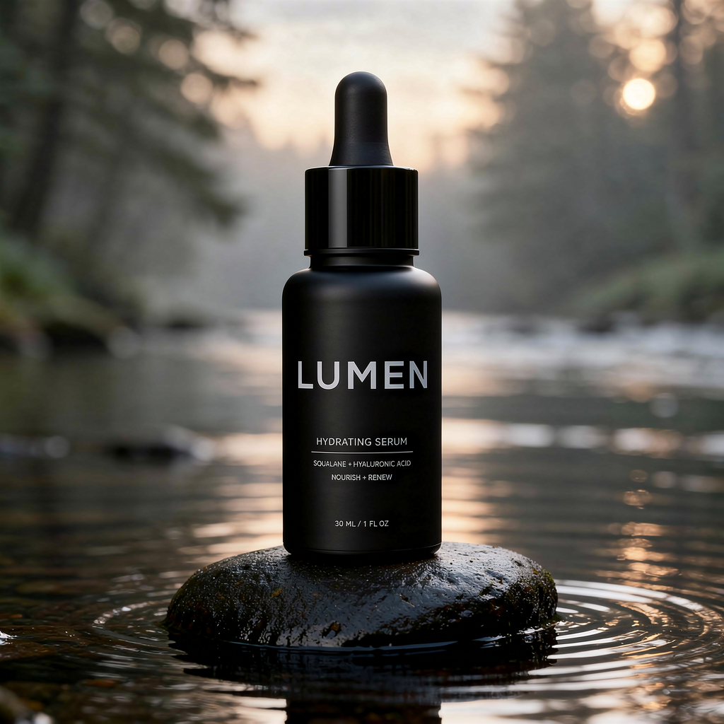 FLUX.2 image-to-image output of a labeled serum bottle placed on a wet river stone in a misty forest at dawn, with the printed label text kept unchanged from the source photo