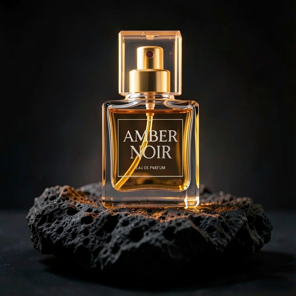 A clear glass bottle with a crisp engraved AMBER NOIR label added via flux-2-klein-4b image-to-image