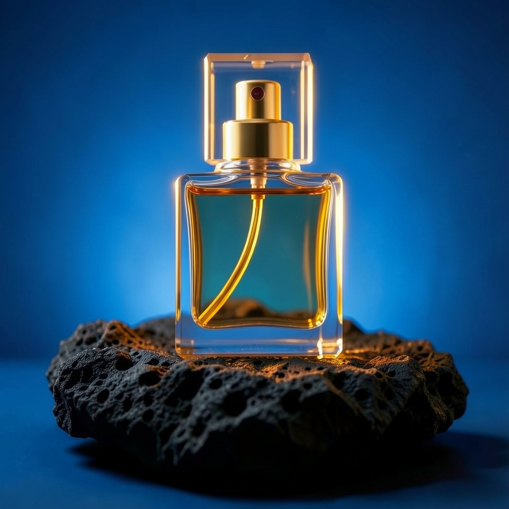 The same bottle with its background swapped to a deep blue studio gradient and soft rim lighting added