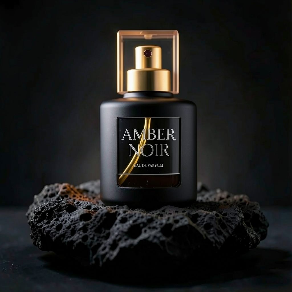 The bottle re-rendered in matte black ceramic with a gold cap, gold liquid visible through a small window, and the AMBER NOIR label preserved