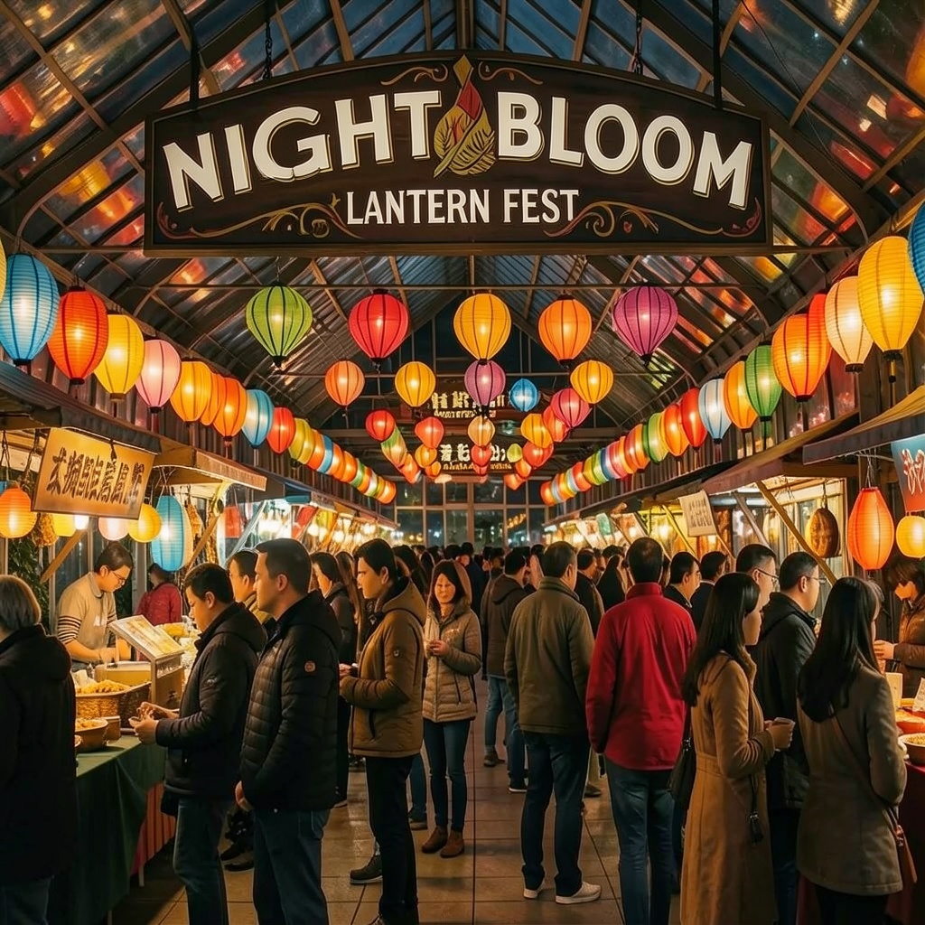 A night market scene where the overhead sign still reads NIGHT BLOOM with LANTERN FEST added underneath as a smaller subtitle, instead of replacing the original text