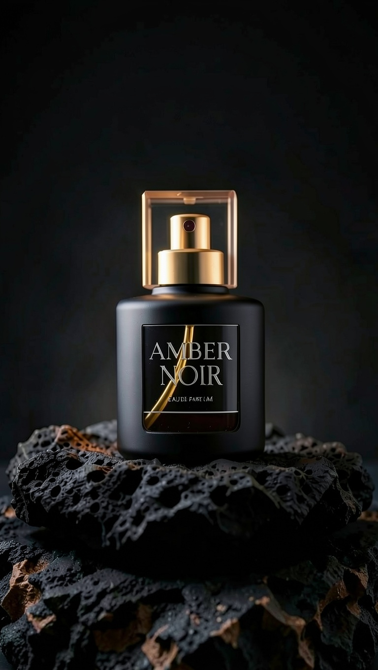 The black ceramic bottle recropped into a tall 9:16 vertical frame with the background and rock base naturally extended