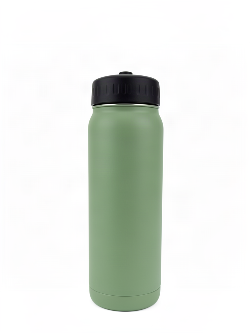The same bottle recolored to matte sage green on the same white studio background