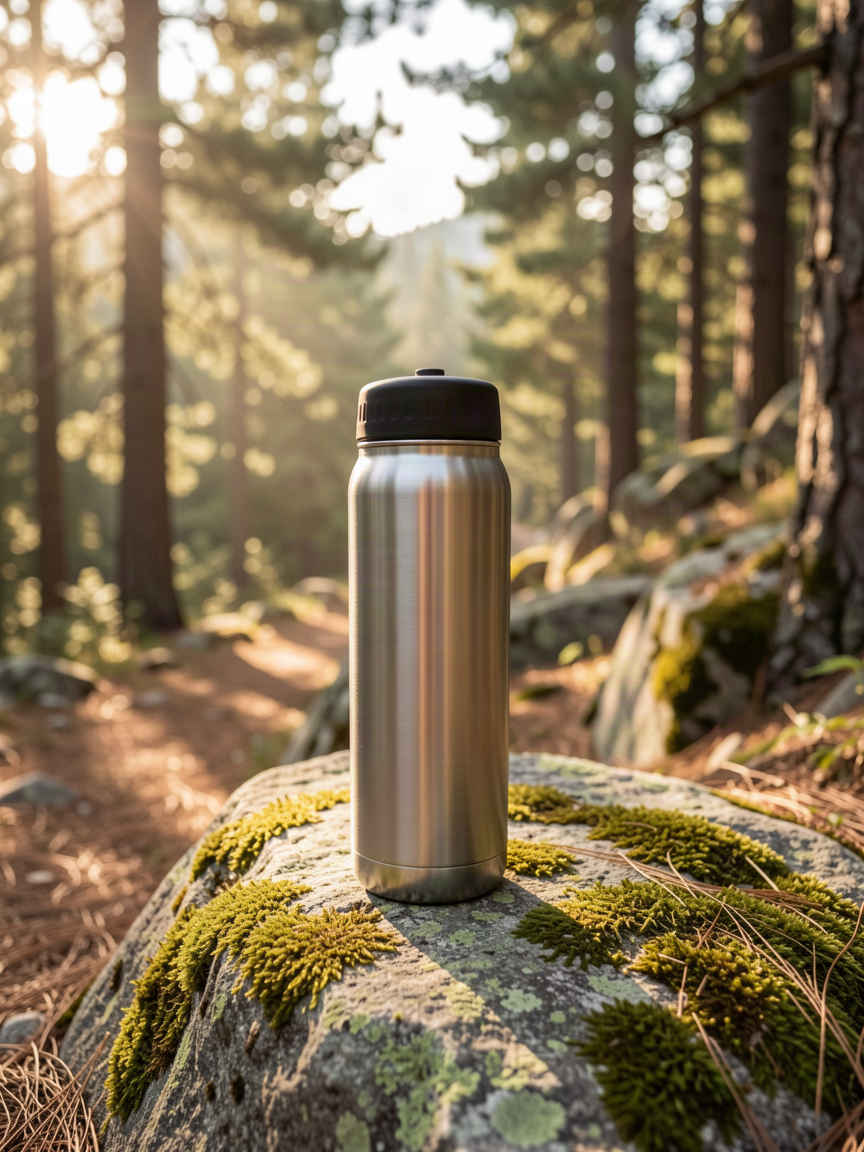 The same bottle placed on a moss-covered rock beside a hiking trail with morning sunlight