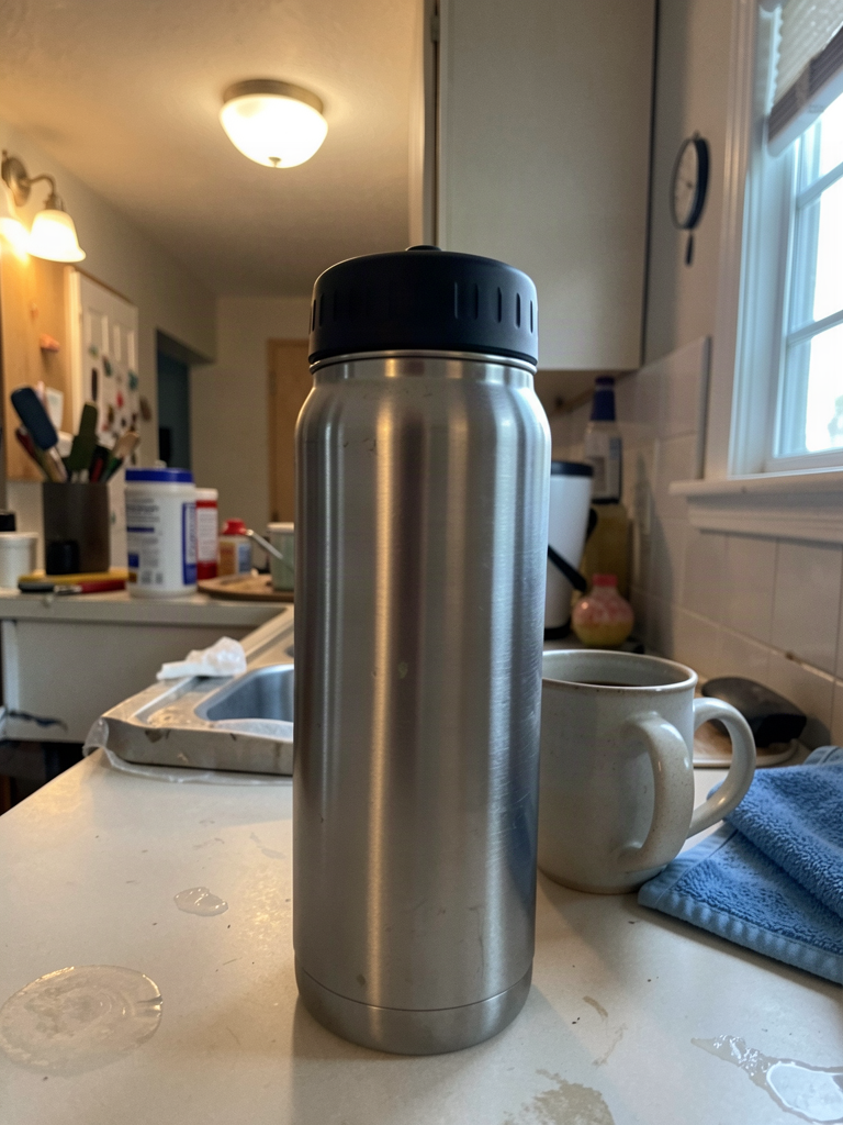 A slightly messy amateur phone photo of a stainless steel water bottle on a cluttered kitchen counter