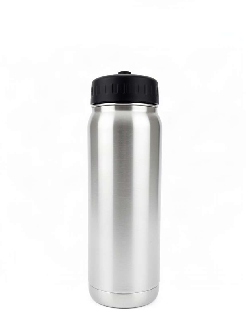 The same water bottle isolated on a seamless white studio background with even lighting