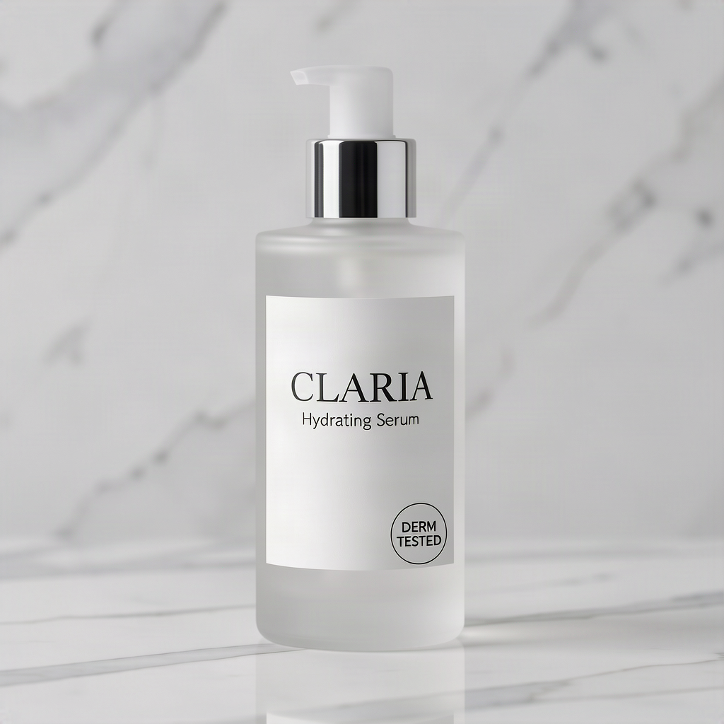 A frosted white glass bottle with a small circular DERM TESTED badge added to the lower right of its CLARIA label