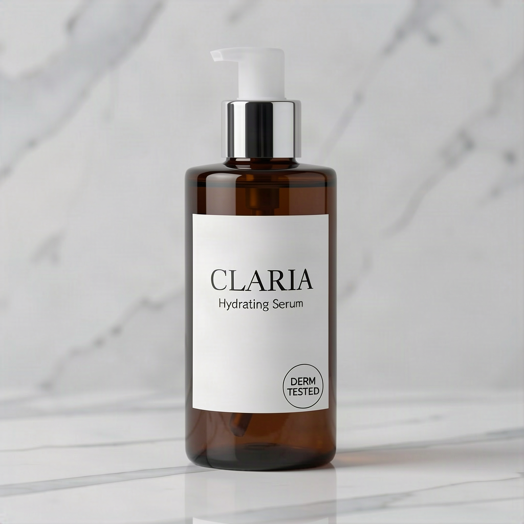 The same bottle re-rendered in deep amber tinted glass, with the CLARIA label and DERM TESTED badge fully preserved