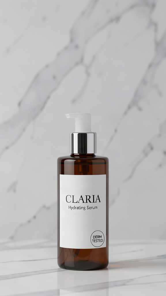 The amber glass bottle recropped into a tall vertical frame with extra empty marble space above it for a text overlay