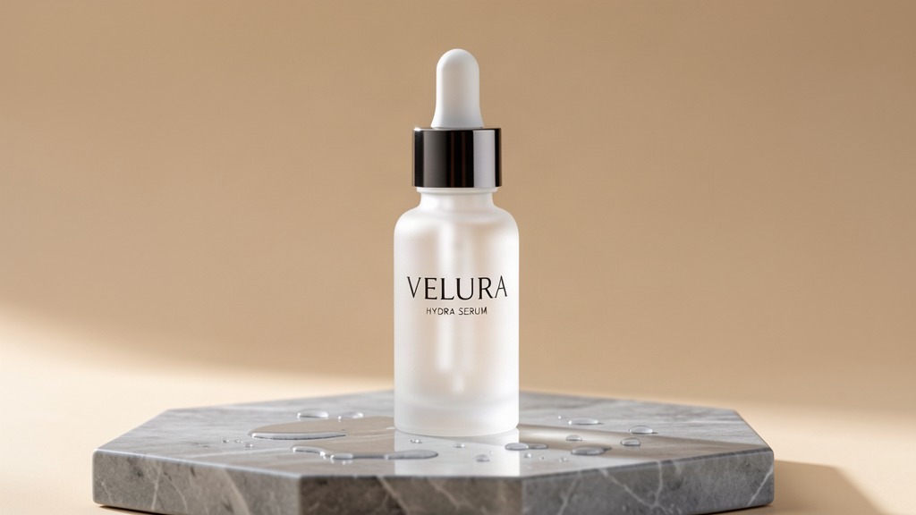 VELURA Hydra Serum hero product shot with legible label text, generated by flux-2-klein-9b/text-to-image