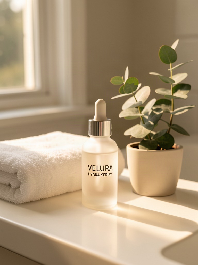 VELURA Hydra Serum lifestyle bathroom counter scene, generated by flux-2-klein-9b/text-to-image