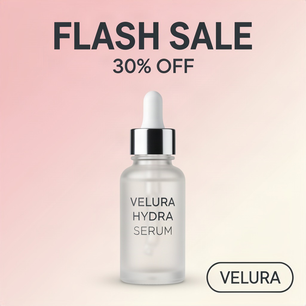 VELURA flash sale 30% off promo card with rendered headline text, generated by flux-2-klein-9b/text-to-image