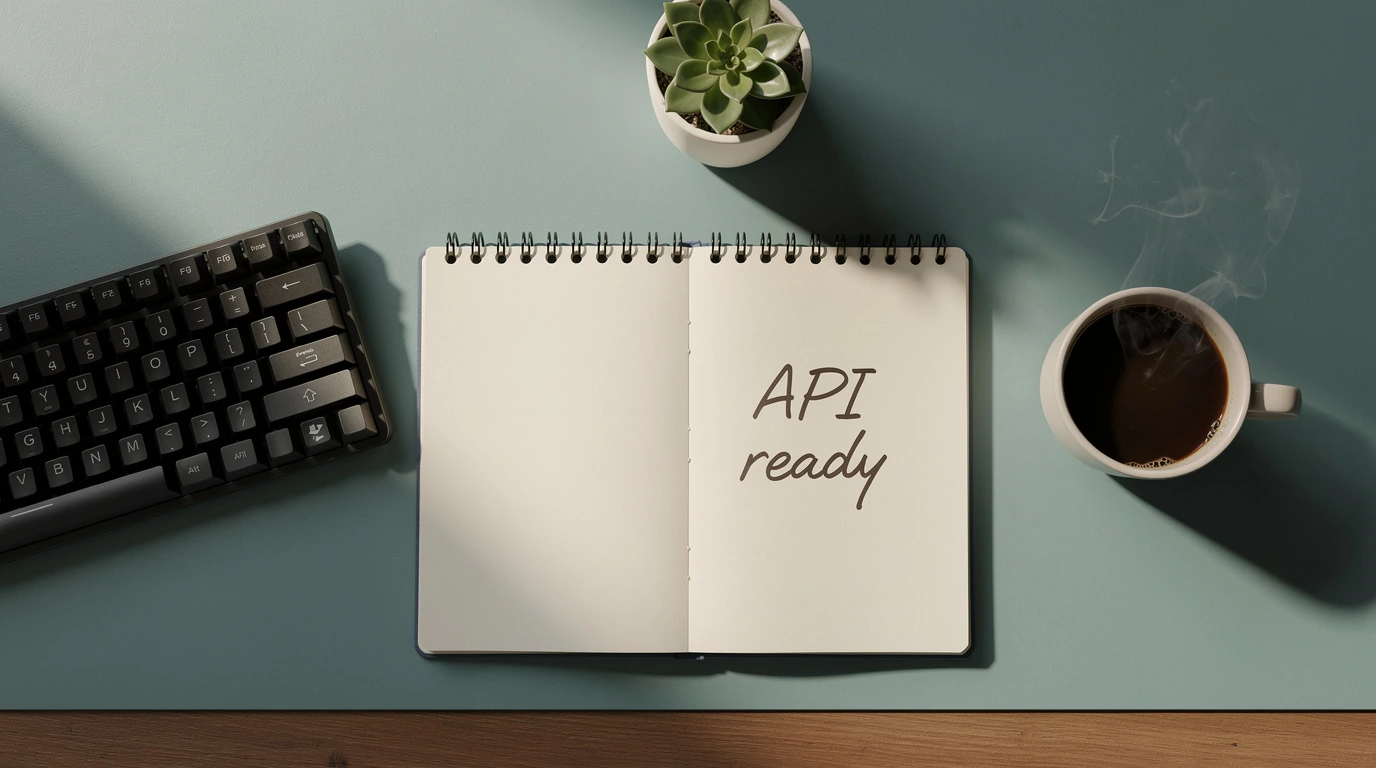 Overhead flat-lay of a developer desk with a mechanical keyboard, coffee mug, succulent, and a notebook reading "API ready", generated by flux-2/text-to-image