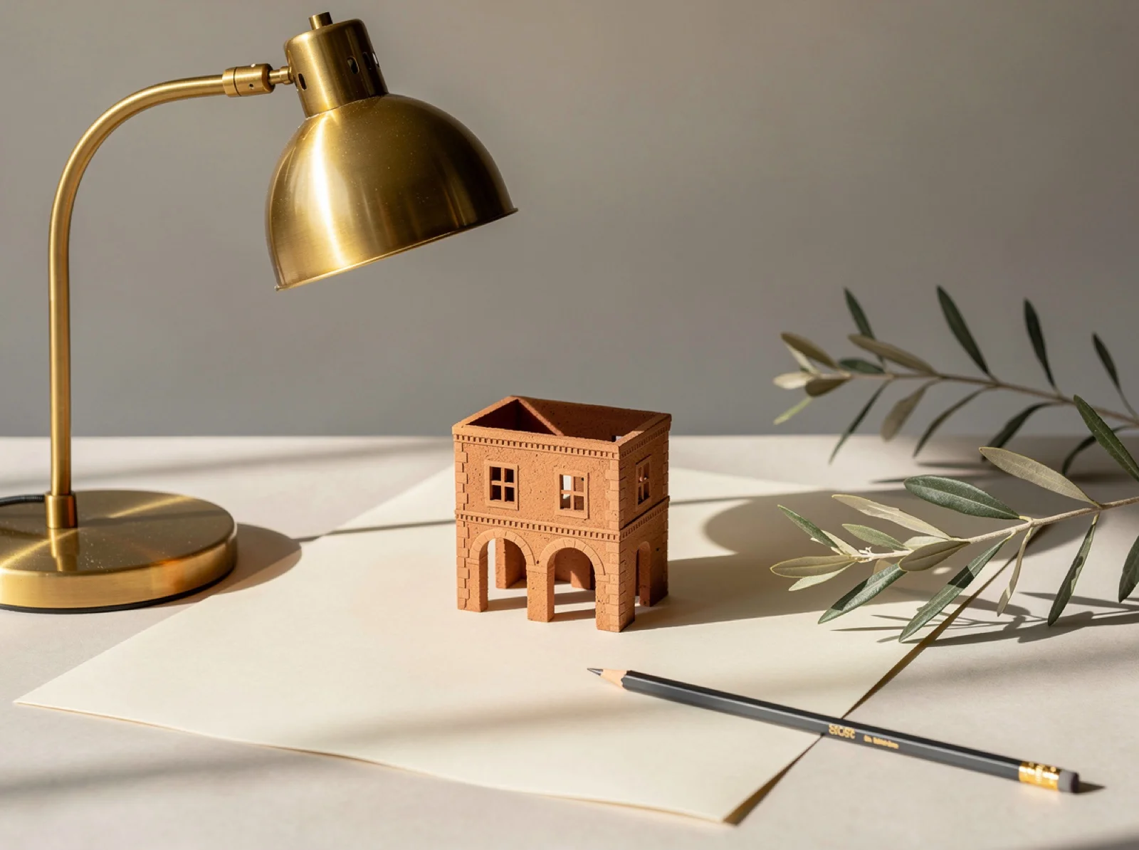 FLUX.2 Pro: a small closed terracotta house with arches on ivory paper, brass lamp on the left