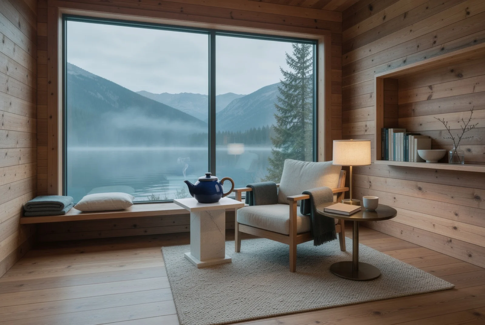 FLUX.2 Pro edit: a darker navy teapot with steam on a stone plinth in front of the lake window