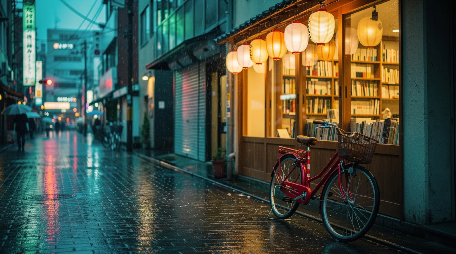 FLUX.2 Pro: a lantern-lit bookstore and red bicycle on a rainy street, with lit vertical signboards in the background