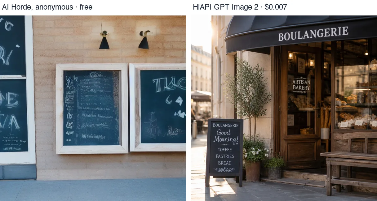 面包店提示词:AI Horde 的黑板字看不清;HiAPI GPT Image 2 清楚写着 COFFEE、PASTRIES、BREAD