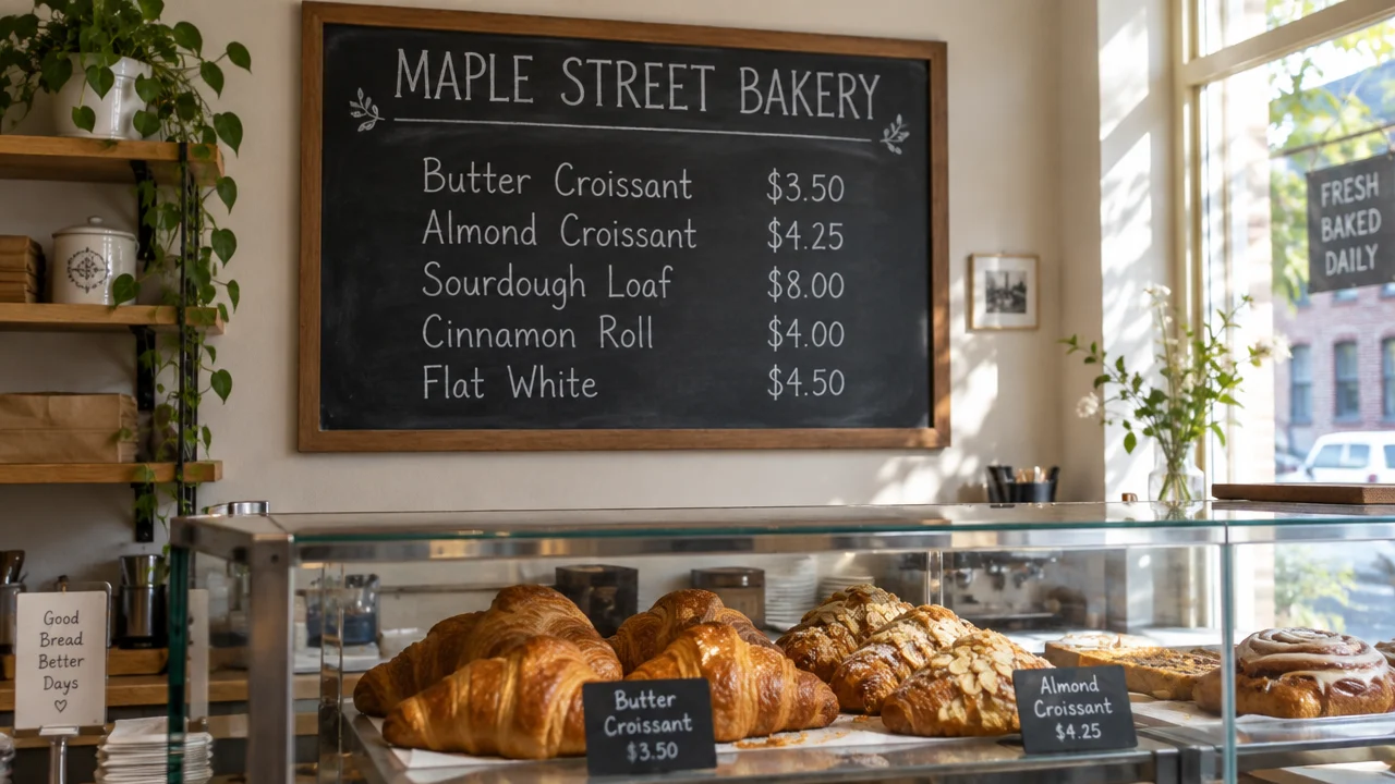GPT Image 2.5 Flare at 1K: a bakery chalkboard menu with five correctly written items and prices