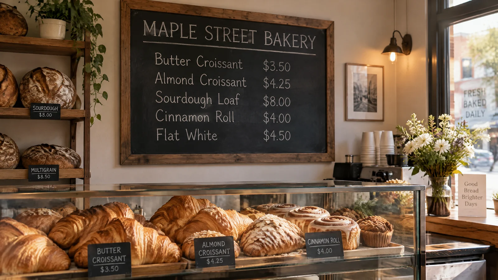 GPT Image 2.5 Sunburst at 2K: bakery menu with matching price tags and a multigrain loaf not on the menu