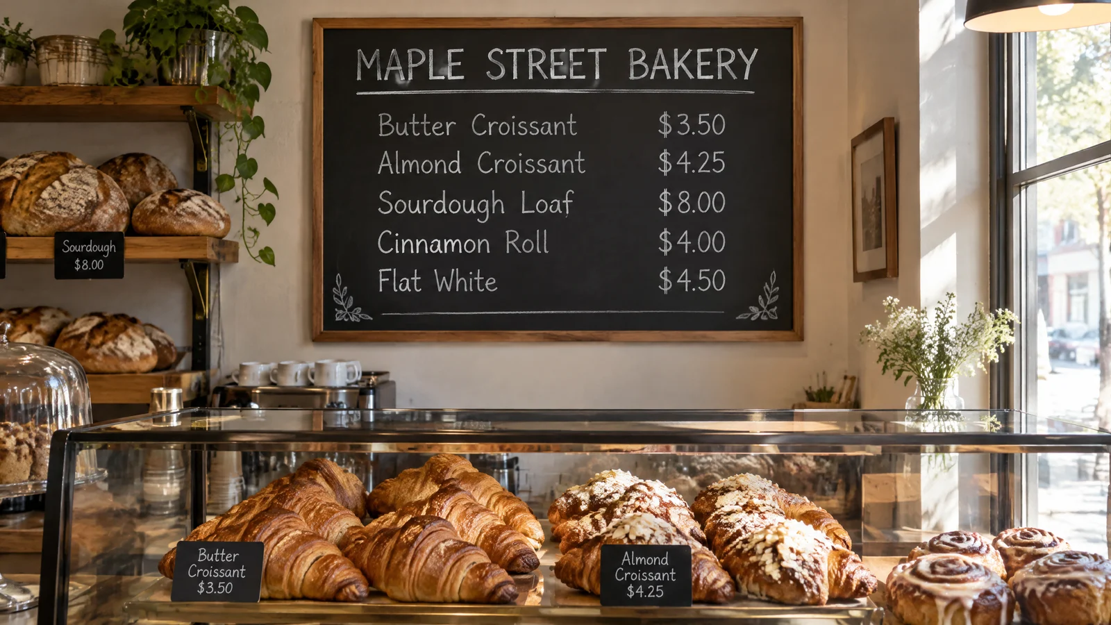 GPT Image 2.5 Flare at 2K: bakery menu with price tags that match the board