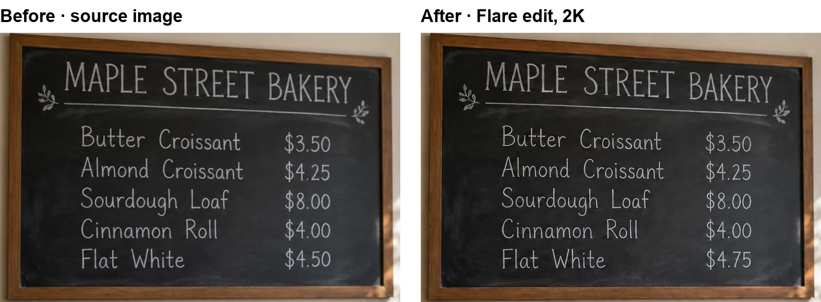Before and after: GPT Image 2.5 Flare changed the Flat White price from $4.50 to $4.75 and left the rest of the board unchanged