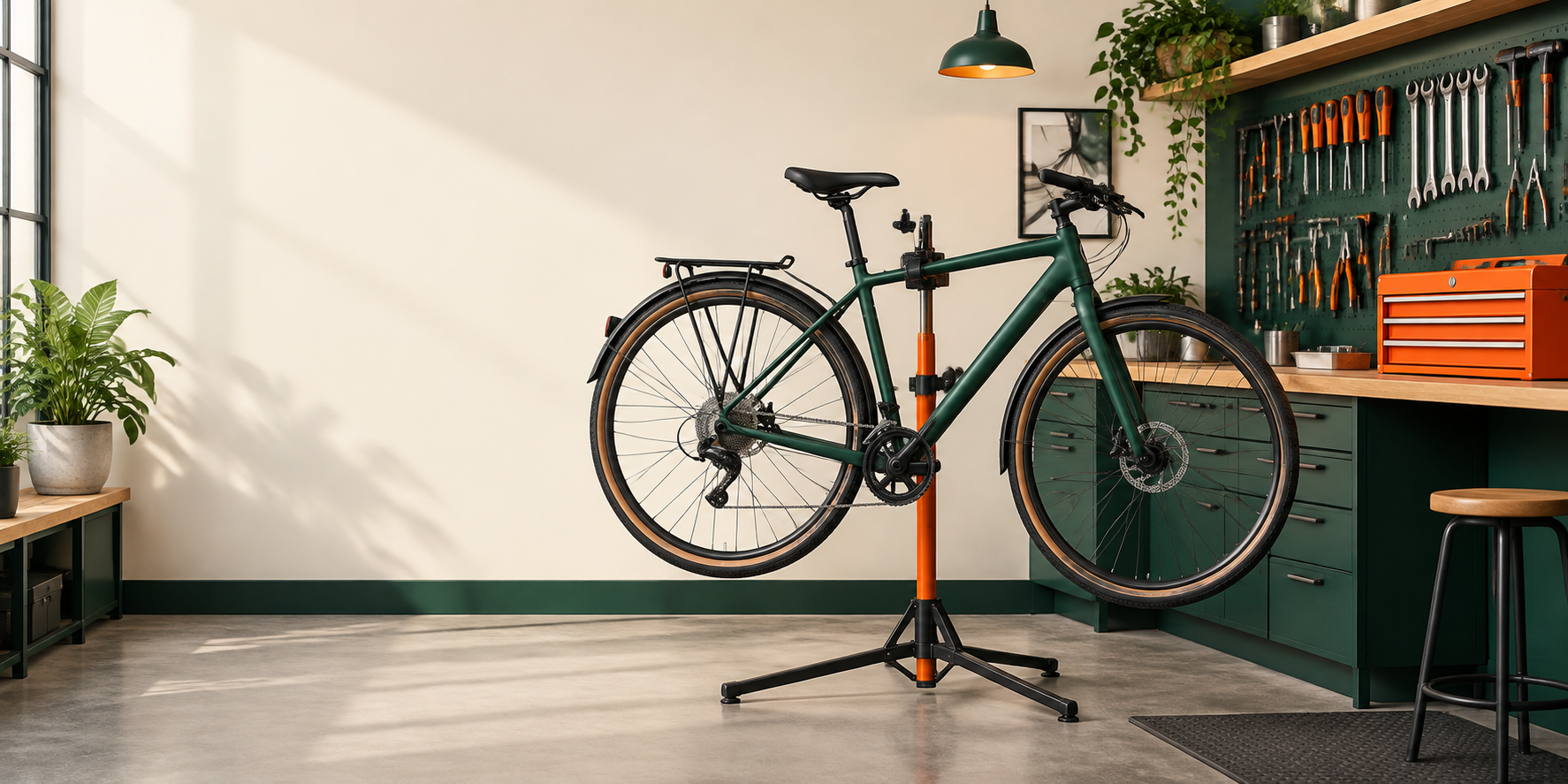Workshop example with a bicycle on a repair stand and an orange toolbox on the right