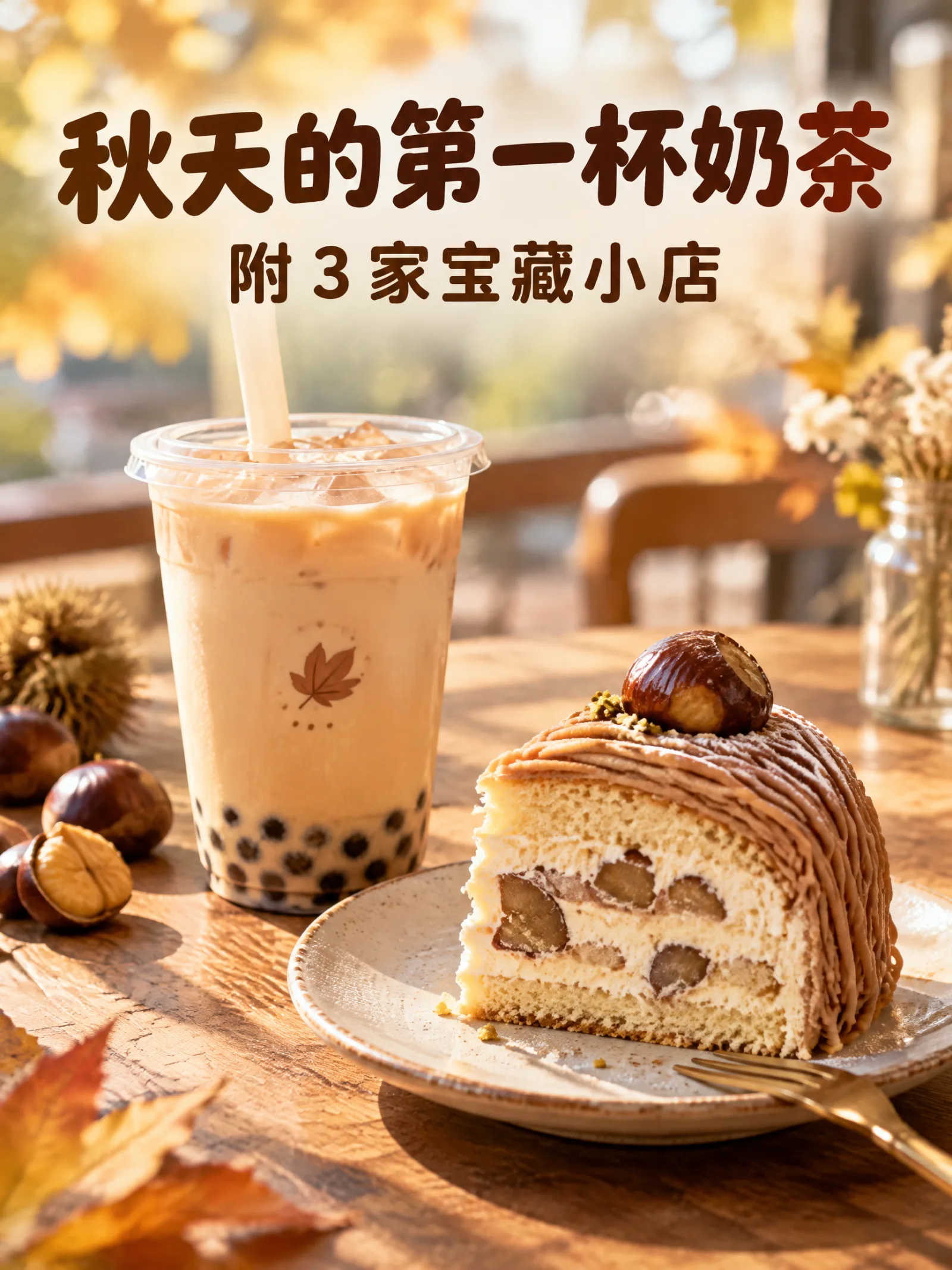 GPT Image 2.5 Flare 生成的小红书封面:奶茶和栗子蛋糕,标题「秋天的第一杯奶茶」