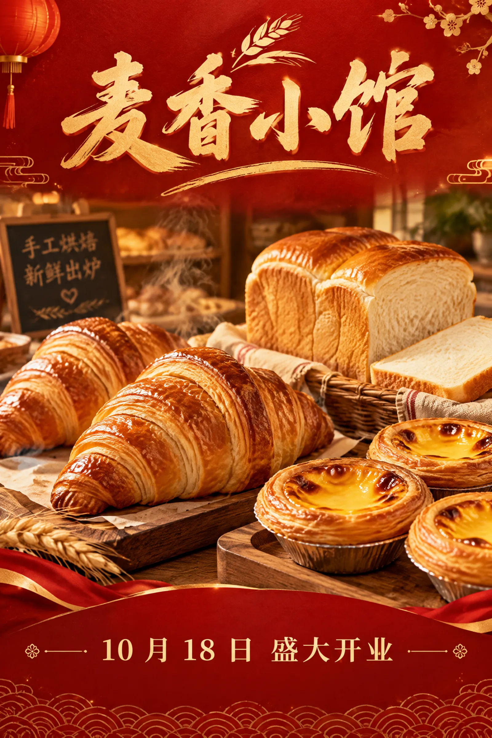 GPT Image 2.5 Flare 生成的面包店开业海报:红金配色,书法店名「麦香小馆」