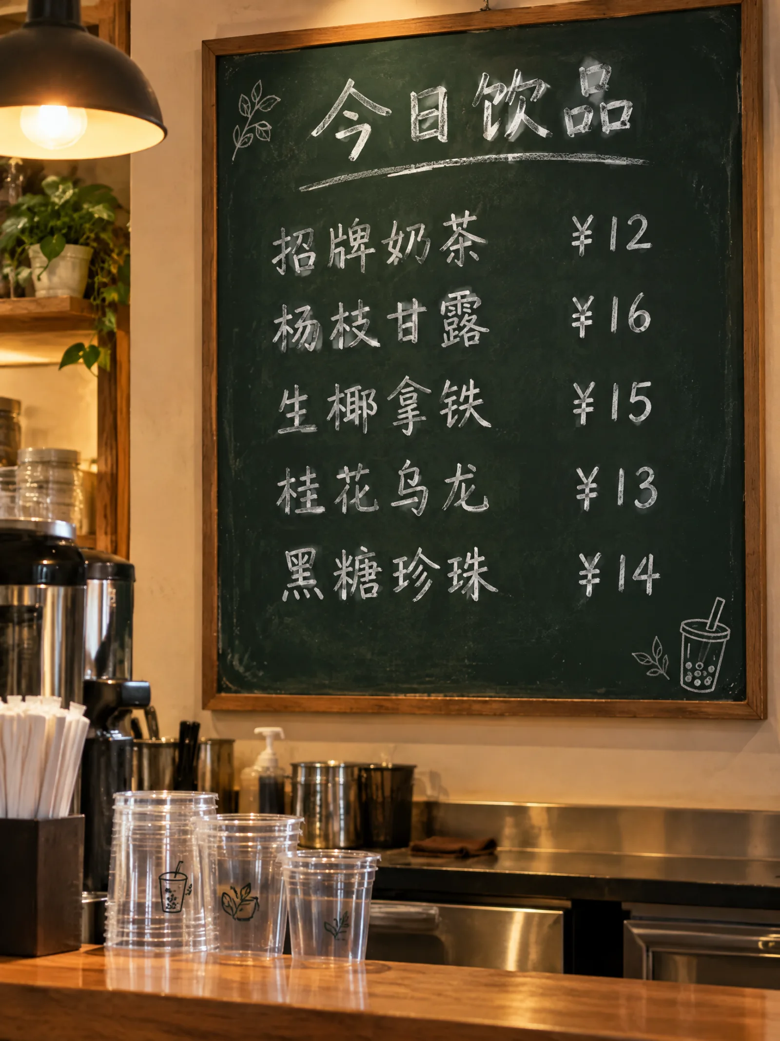 GPT Image 2.5 Flare 生成的奶茶店黑板价目表,五个品名和价格全部正确