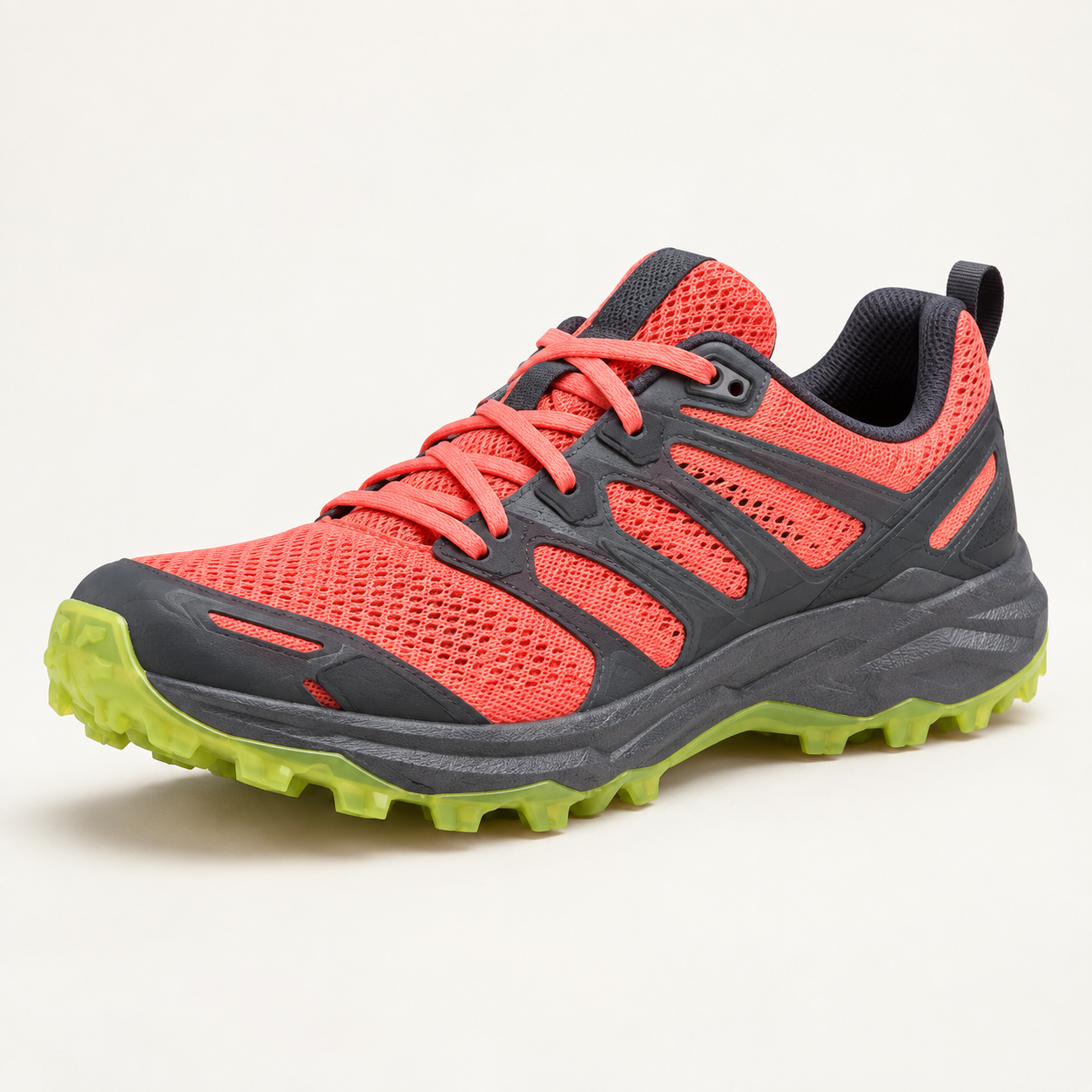 GPT Image 2.5 Flare coral trail-running sneaker with the toe pointing left