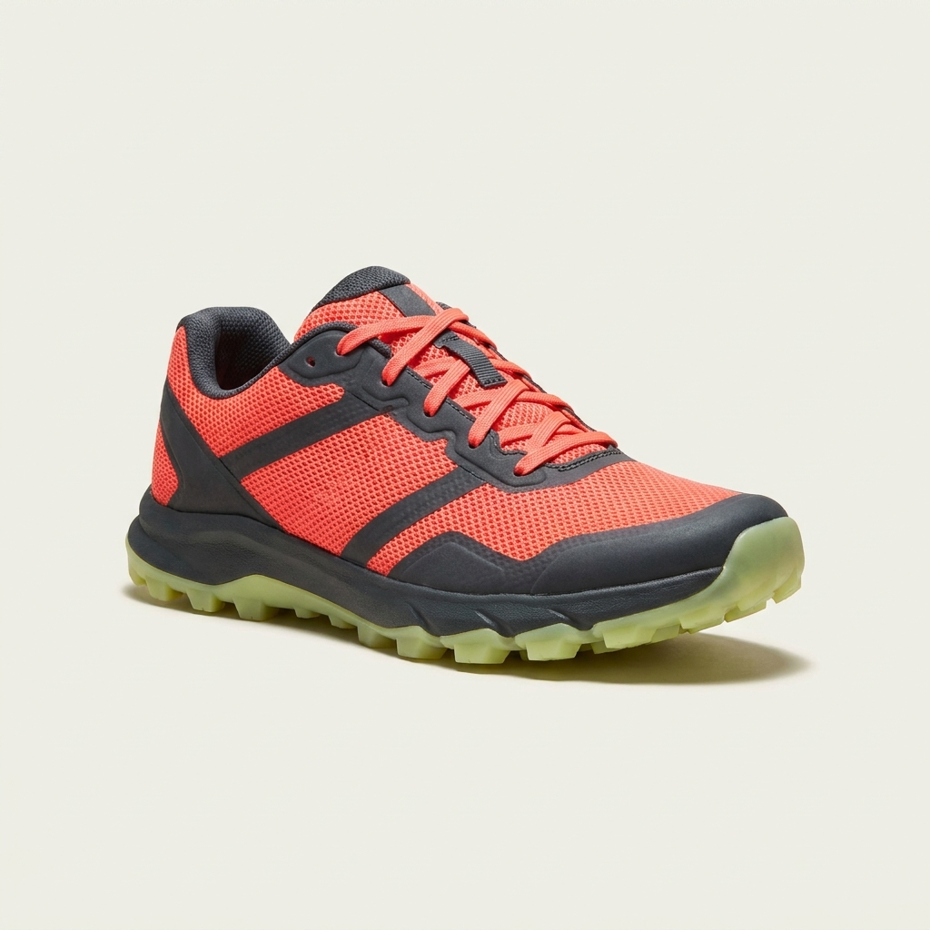 Nano Banana Pro coral trail-running sneaker with the toe pointing right