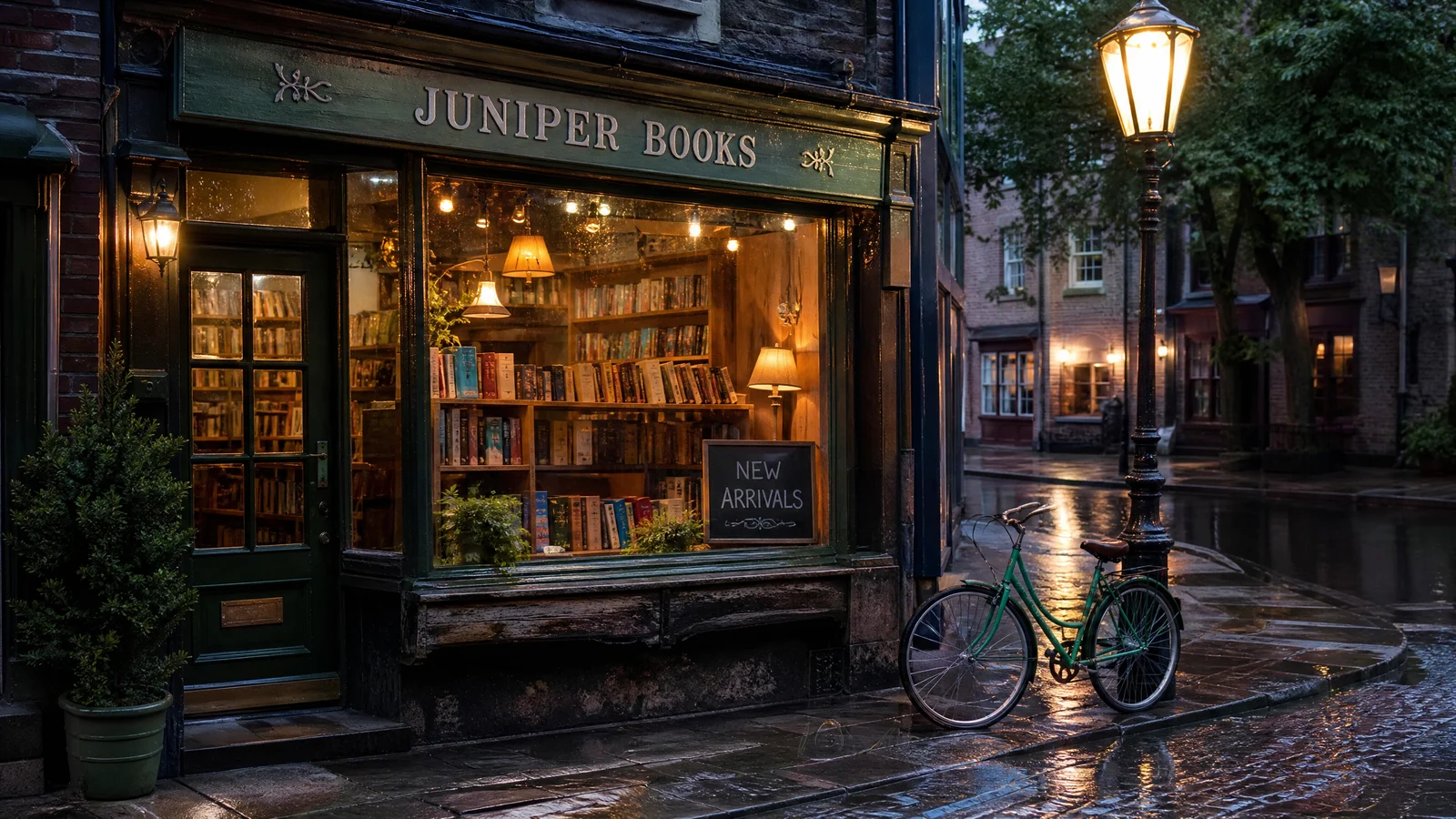 GPT Image 2 at 2K: bookshop front with the sign on the left and a green bicycle by the lamp post