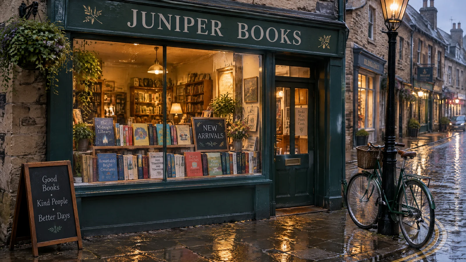 GPT Image 2.5 Flare at 2K: the bookshop prompt with readable book titles and an extra sandwich board
