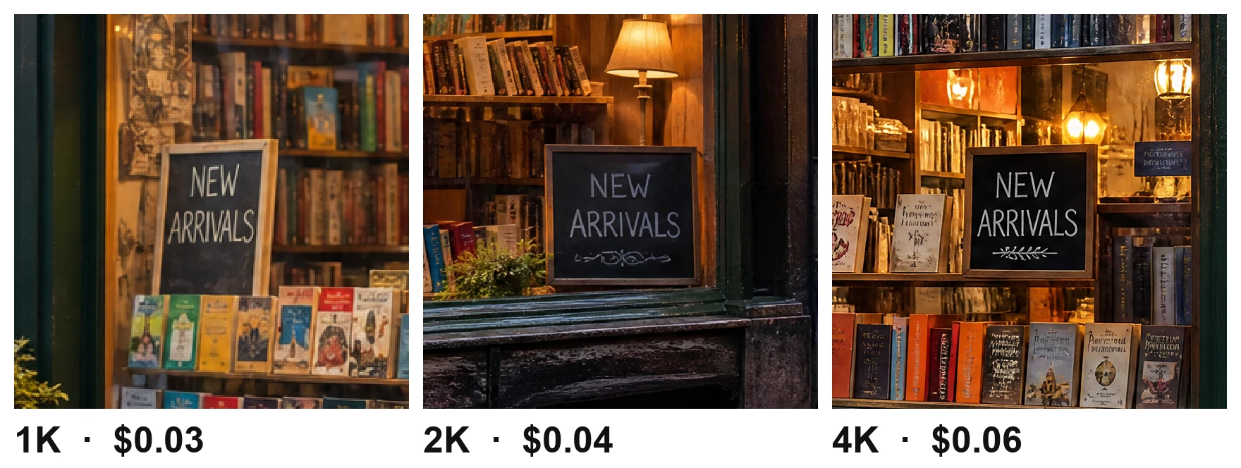 The NEW ARRIVALS chalkboard cropped from the 1K, 2K and 4K images and shown at the same size