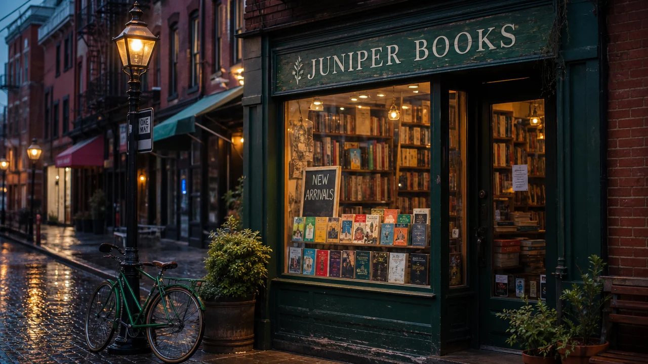 GPT Image 2 at 1K for $0.03: bookshop front with the JUNIPER BOOKS sign and NEW ARRIVALS chalkboard