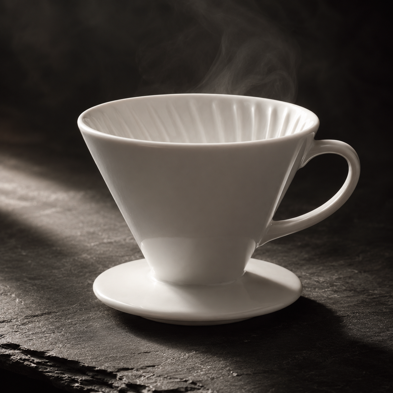 Image-to-image result: the same dripper on dark slate with dramatic side lighting and steam