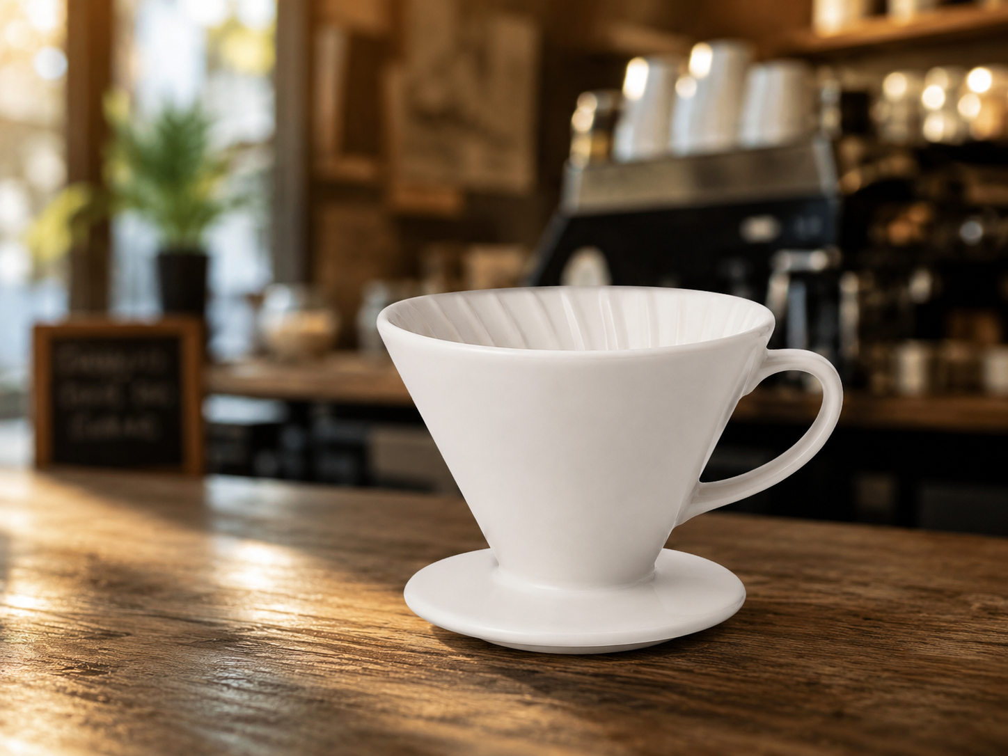 Image-to-image result: the same dripper on a cafe counter with a warm blurred interior