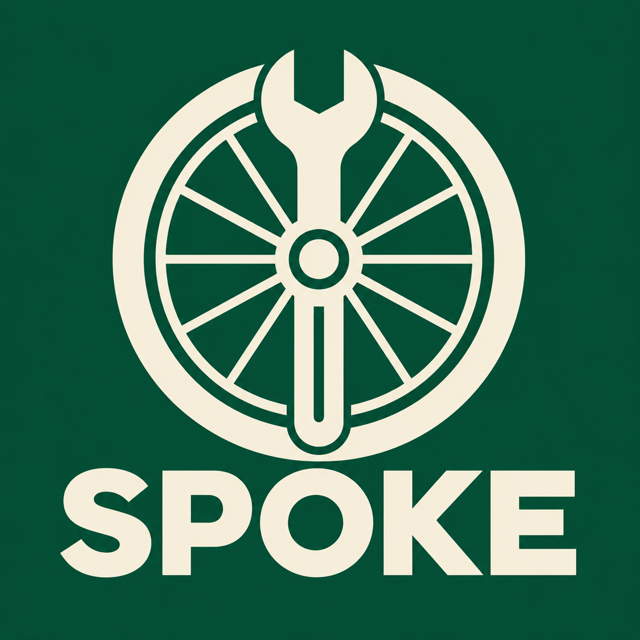 SPOKE reverse mark with ivory lettering and symbol on deep green