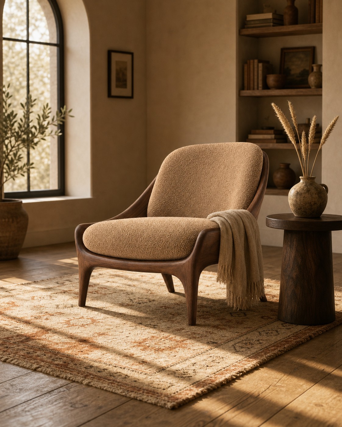 The same walnut lounge chair restyled into a warm sunlit reading nook with arched window, oak plank floor, dark ash side table with dried wheat in a ceramic vase, draped natural-linen throw, and Berber-style rug — chair frame, cushion, and silhouette preserved from the reference