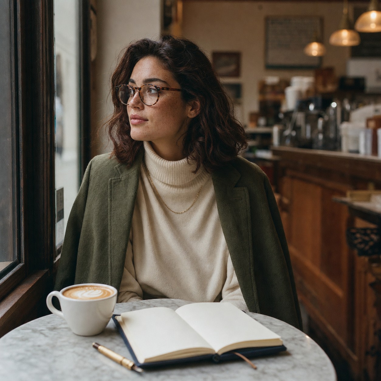 The character bible in scene A — same young woman at a marble cafe table by a tall window, cream turtleneck, moss-green blazer, tortoiseshell round glasses, navy leather notebook open, latte art in a white cup, warm cafe interior with brass pendant lights blurred behind her