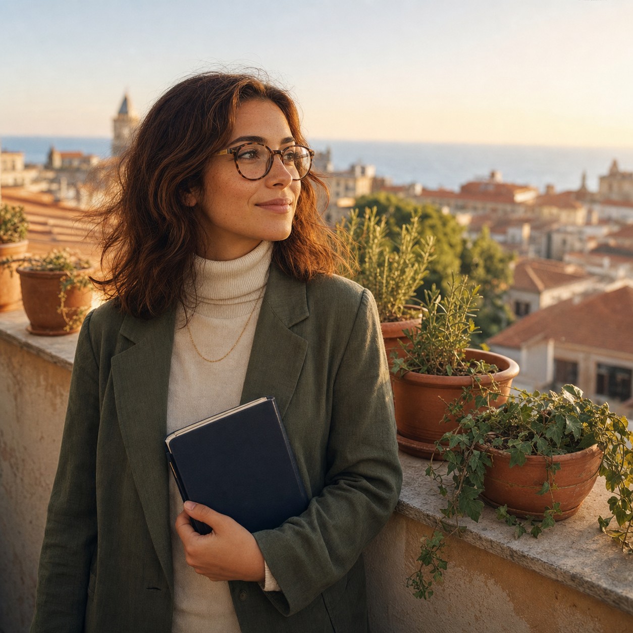 The same character in scene B — Mediterranean rooftop at golden hour, terracotta pots, rosemary and ivy, same auburn hair and tortoiseshell glasses, same cream turtleneck and moss-green blazer, navy notebook held to her chest, distant warm rooftops and sea behind her