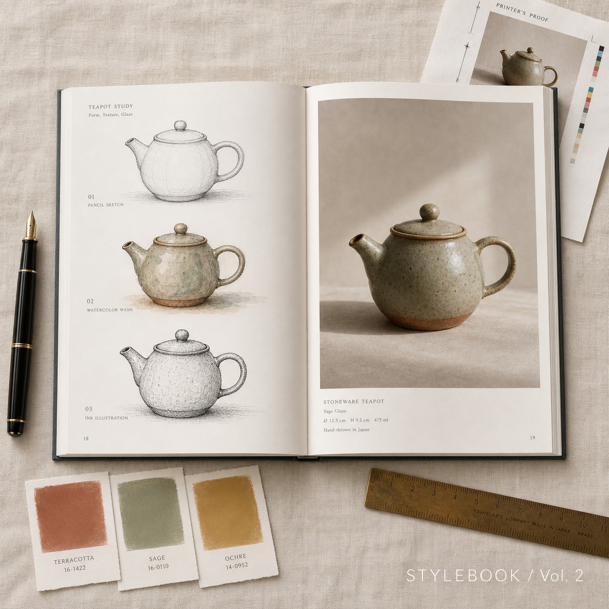 Editorial flat-lay stylebook with three teapot studies — pencil, watercolor, ink illustration — sage-glazed stoneware product shot, color swatches, fountain pen, brass ruler, and "STYLEBOOK / Vol. 2" overlay; generated end-to-end by gpt-image-2 on hiapi