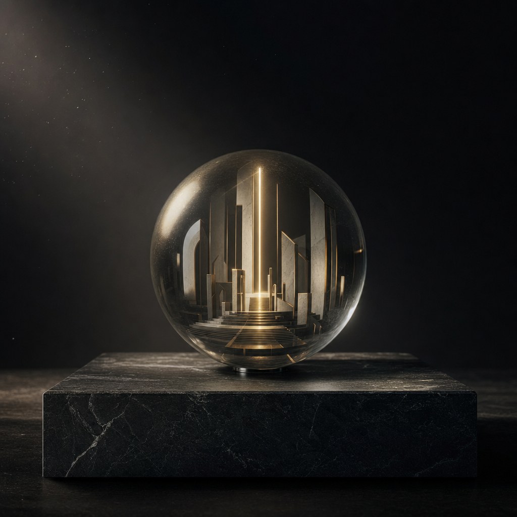 hiapi gpt-image-2-pro hero render: a single matte glass sphere on dark slate, refracted interior architecture