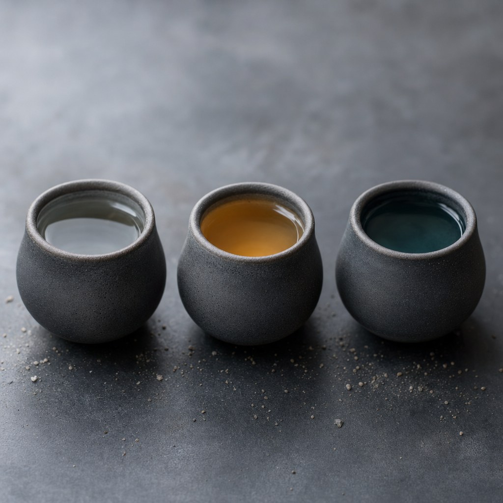 Editorial product trio: three matte ceramic vessels with luminous liquid on charcoal concrete — Pro-tier consistency across a small set