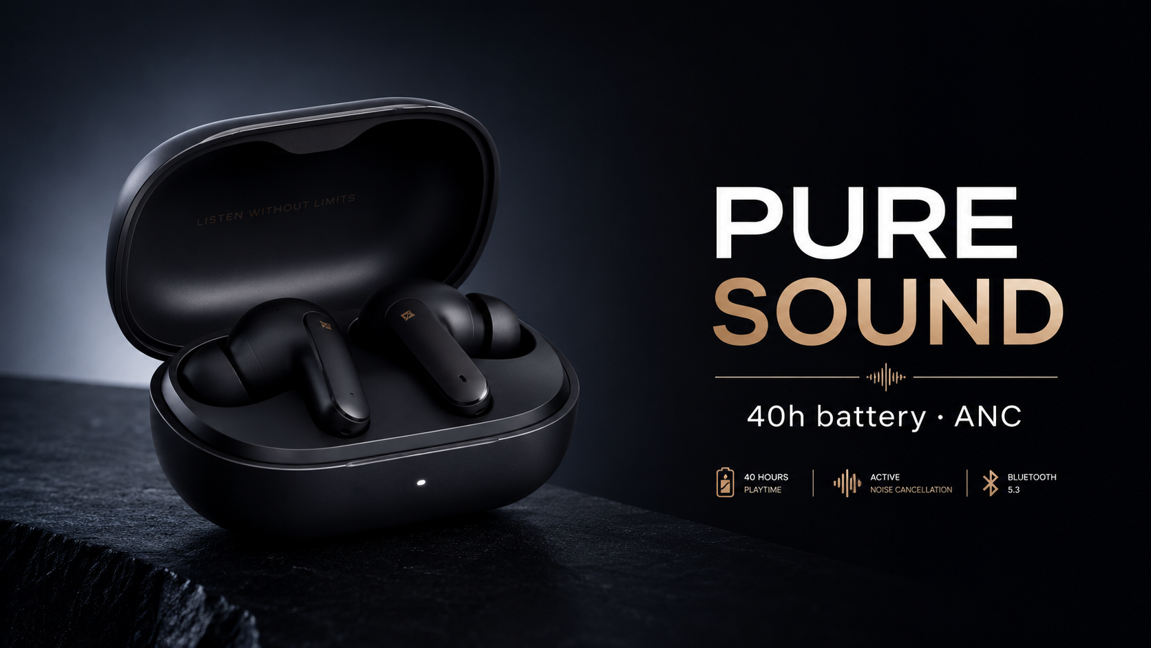 GPT Image 2 product ad: matte-black wireless earbuds with the headline PURE SOUND