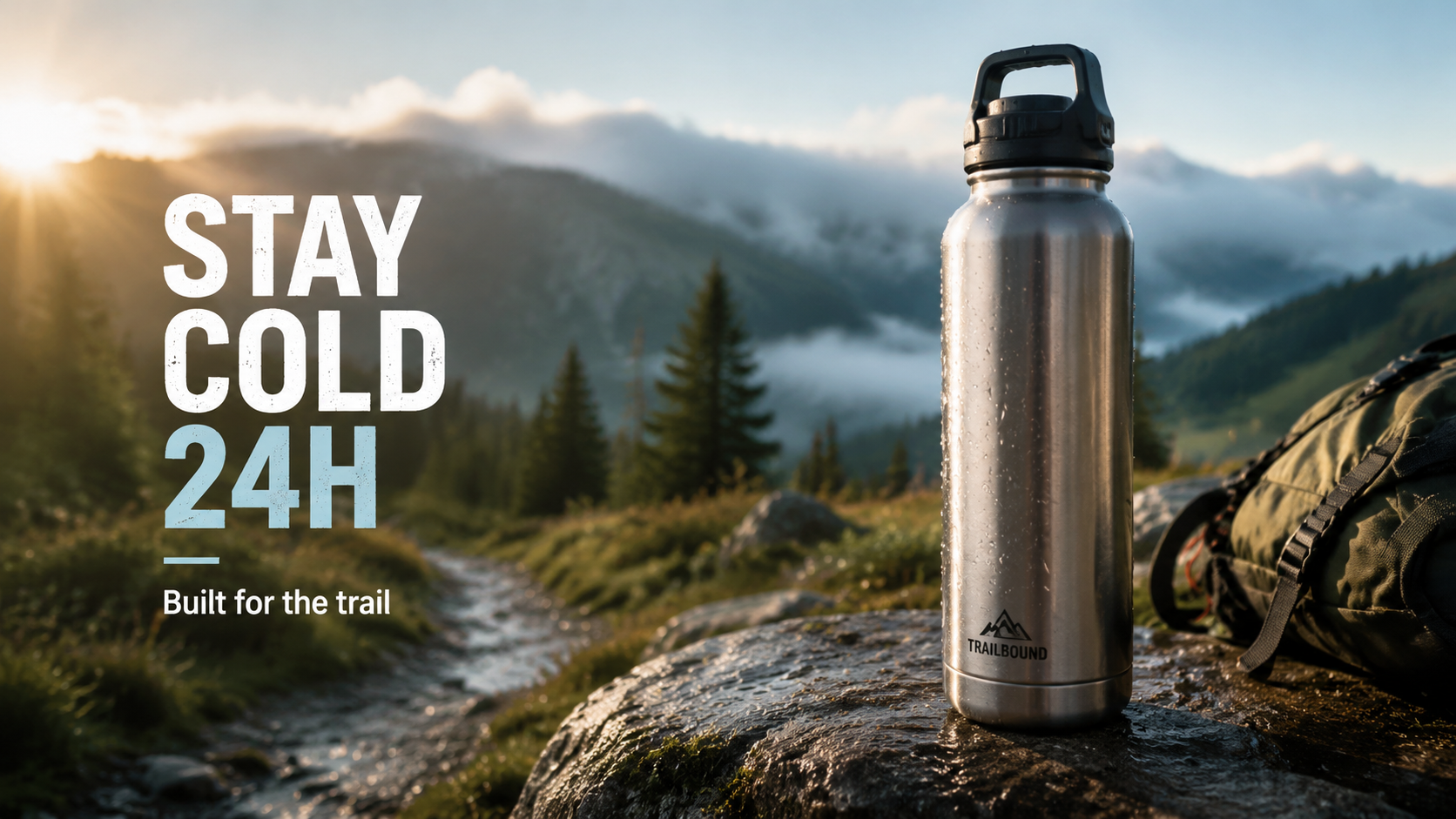 GPT Image 2 lifestyle ad: an insulated bottle on a trail with the headline STAY COLD 24H