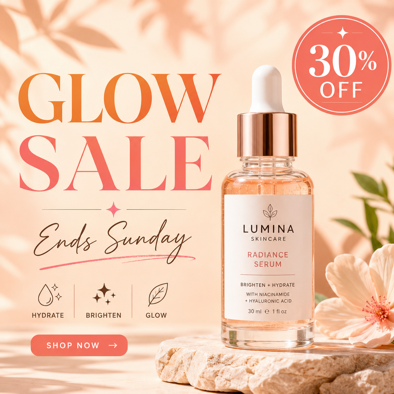 GPT Image 2 social ad: a skincare serum on peach background with a 30% OFF badge and GLOW SALE headline