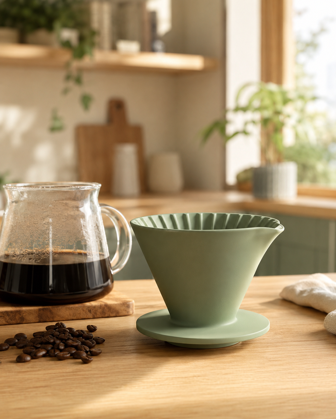 Lifestyle scene: the dripper on a wood counter beside a coffee carafe